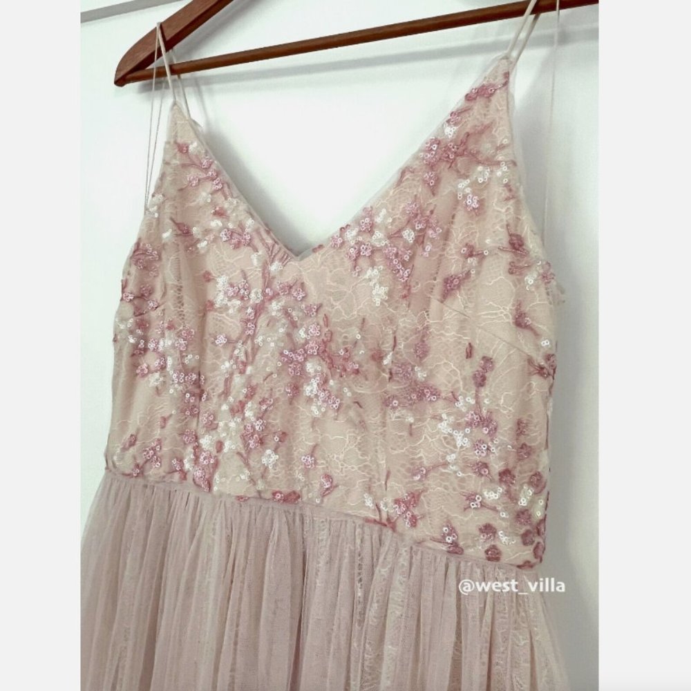 CLUNY DRESS Adrianna Papell Anthropologie Pink Sequined Embroidered Tulle - Picture 7 of 12